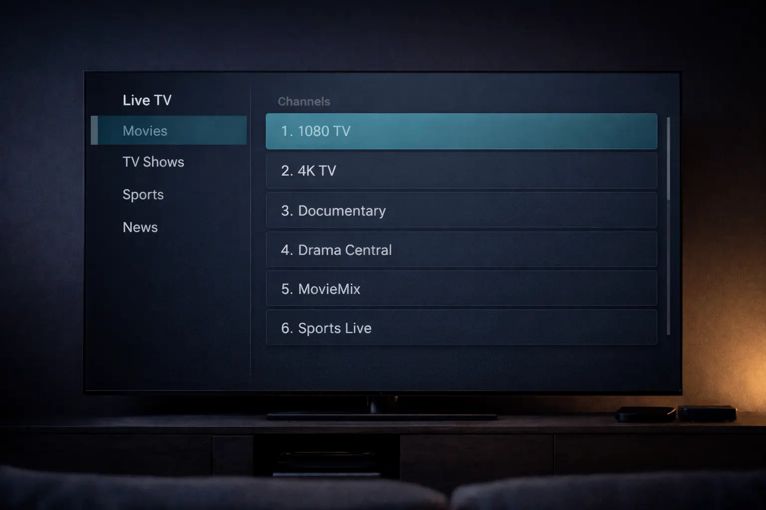 TiviMate IPTV channel list interface on Android TV